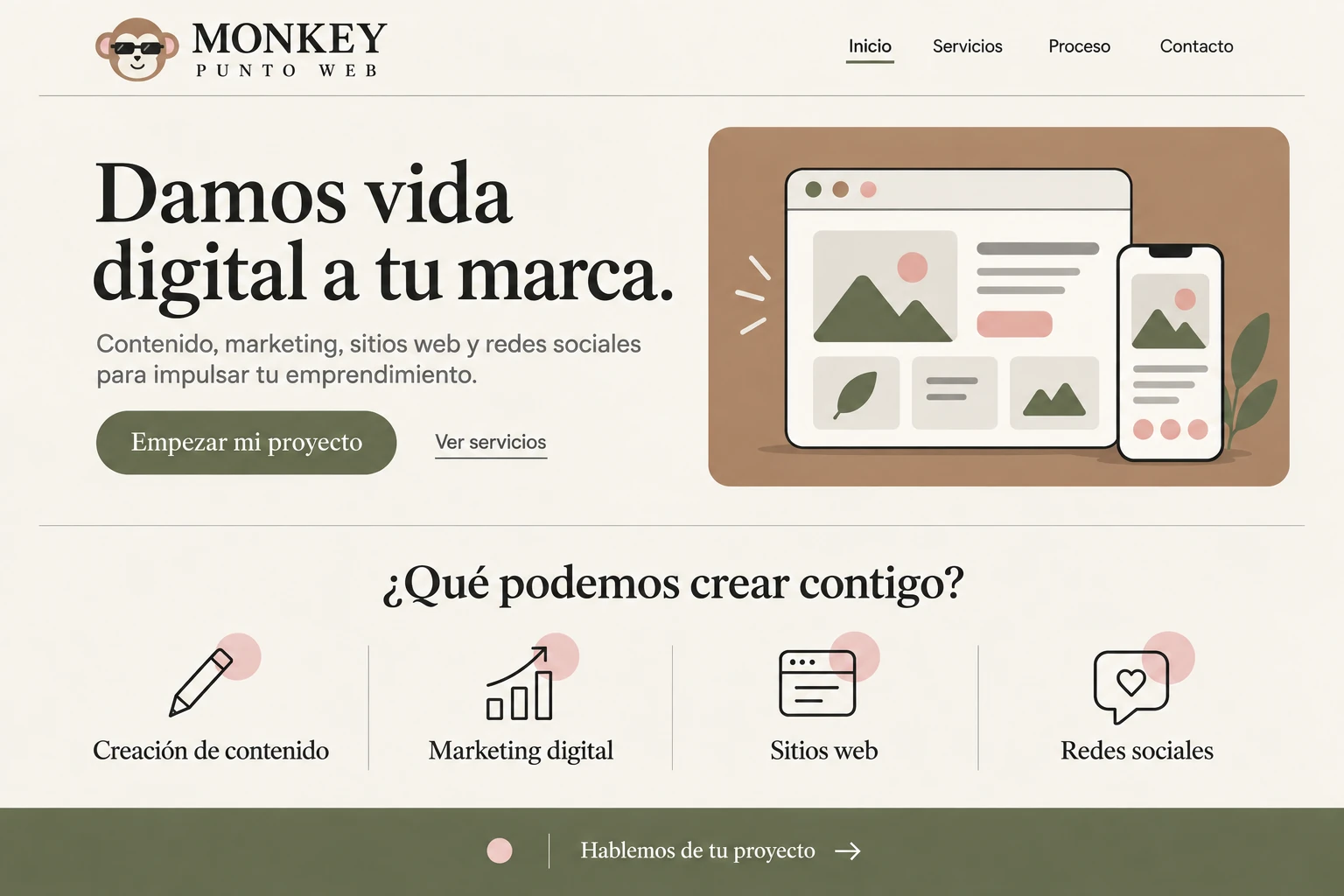 Ilustración de un sitio web y un teléfono con la identidad cálida de MONKEY PUNTO WEB